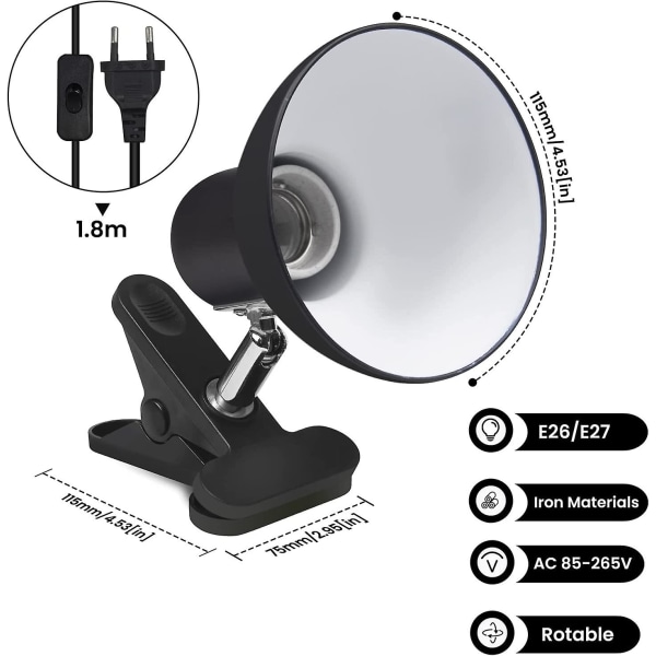 E27 Klemmelampe med Europæisk Stik og Afbryder, 270 Graders Rotation Edison Skruefatning Holder, Bordlampeholder, AC 85-265V (sort - uden pære)