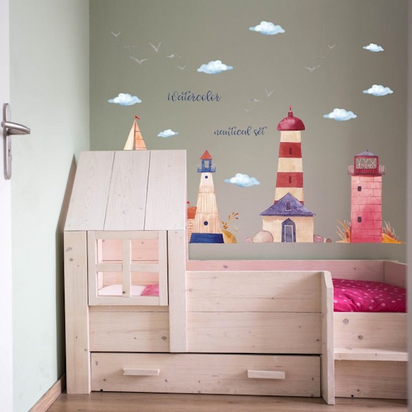 Sjöfågel Väggdekaler Moln Akvarell Fyrtorn 60*90cm Barnrum Förskoleklass Klassrum PVC Väggdekoration
