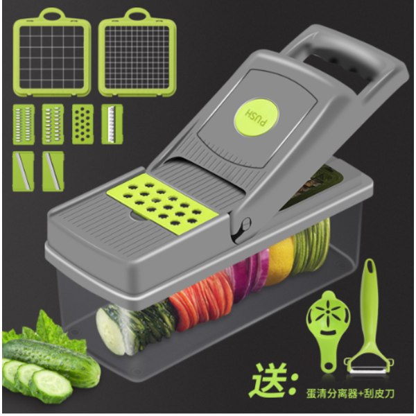 Køkkenredskaber 14 i 1 Grøntsagsskærer Manuel Mandolin Frugt Grøntsagsskærer Løg Dicer Grøntsagshakker*ryy 14PCS SETS-Grey&GREEN