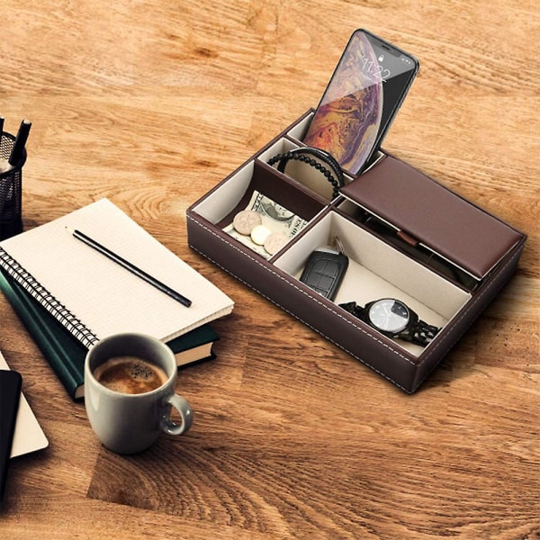 Læder Skrivebords Opbevaringsarrangør, Multi Catchall Bakke, Valet Bakke, Natbord Eller Kommodearrangør - 5 Rum Tegnebog, Telefon, Nøgler, Smykker, Brun Brown