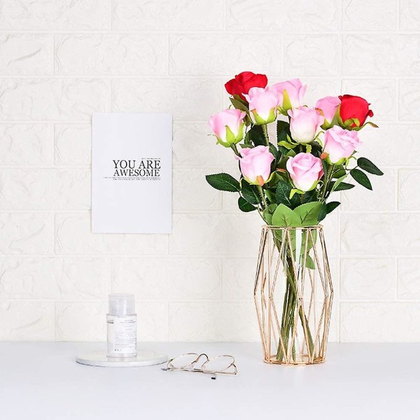 Urtevase, gullglassvase med geometrisk metallstativ, skandinavisk blomsterkrukke til hjemmet, kontorsenter, bryllup