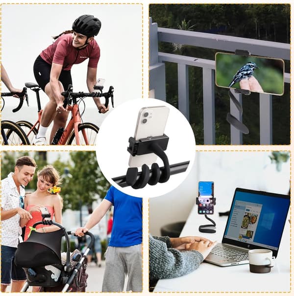 Telefonholder, Fleksibel Silikone Svanehals, Justerbart 360° Roterende Greb, Til Barnevogn, Bil, Løbebånd, Cykel, Båd, Sort