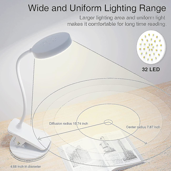 Sengeklemmelampe, 32 LED, 360 Fleksibel Leselampe, Bokklemme, 3 Farger Og Trinnløs Dimming, Sengelampe Med Berøringskontroll, USB Oppladbart Batteri, L