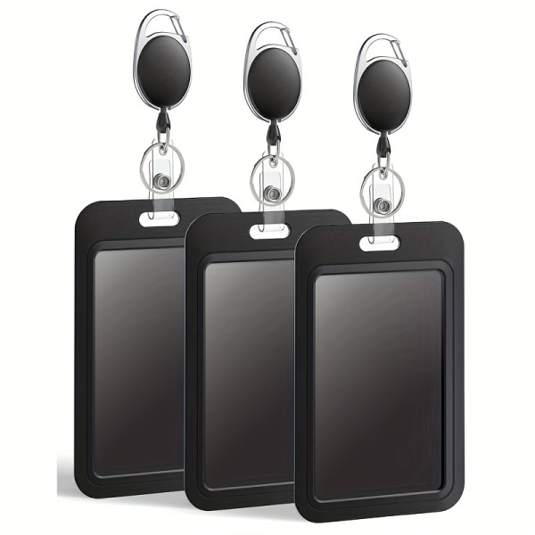 Sliding Badge Holder Hard Black Lodret Plastic Card Case Protector med tilbagetrækkelig Badge Reel Karabinhage til Office 3 Pack