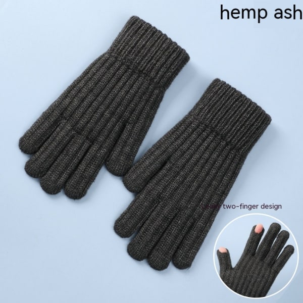 Vinterhandskar Pekskärm Dual-Layer Elastisk thermal stickad Foder Varma handskar för kallt väder Hemp ash leaky finger hole Male/Young Student
