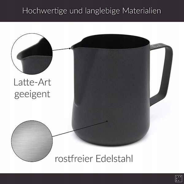 600 ml:n ruostumattomasta teräksestä valmistettu maitoastia, maidonvaahdotusastia kahvikermalle mittamerkinnällä ja latte-taiteen kynällä, maitoastia sopii