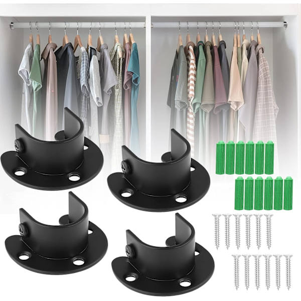 4 stk. Garderobestangsbeslag, 1 tomme gardinstangsstøttebeslag, sort garderobe stangsbeslag, rustfrit stål garderobe flange