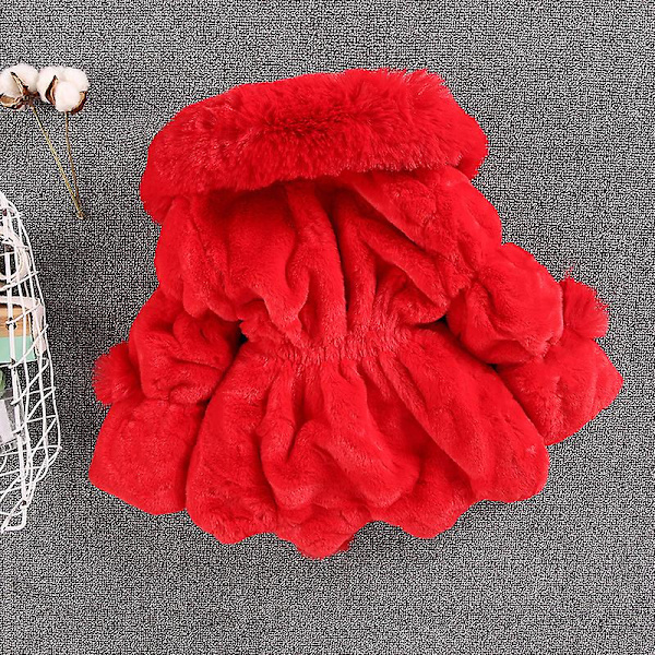 Børnejakke med imiteret pels, stor pelskrave, pelsbold, tyk quiltet pigejakke, vintertøj, 100 cm, rød red 100cm