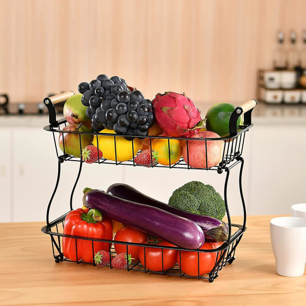 2-vånings Fruktkorg för Bänken, Köksfruktkorg, Fruktfat, Metallrektangulär Hållare, Fruktförvaringskorg, Snacksförvaringsställ, Köksorganisation