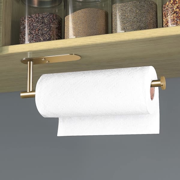 Selvklebende papirhåndkleholder under skapfeste, veggmontert papirhåndkleholder for kjøkken, bad, vegg - Sus304 rustfritt stål (gull)