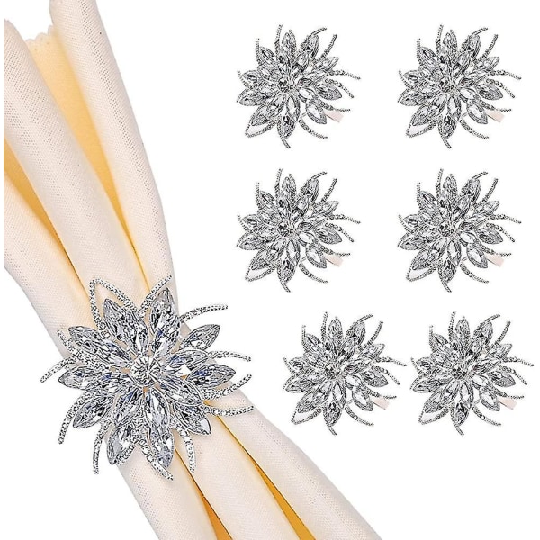 Serviettringer, sølv serviettringer sett med 6, Luksus Rhinestone Crystal Flower