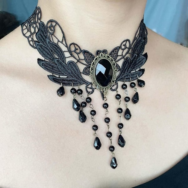Svart Sexy Lace Choker Halskjede Gotisk Tassel Krage Choker Halloween Party Tilbehør for Kvinner Jenter