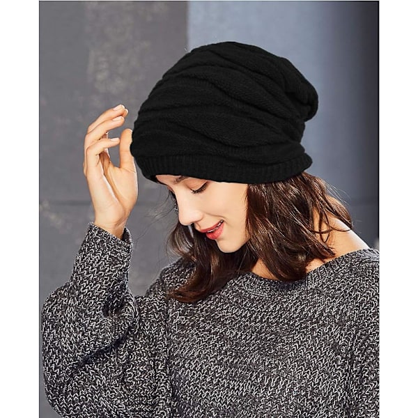 Lang Slouch Varmt Beanie, Unisex Beanie Hat Kvinder Mænd Vinter Varmt Strikket Huer (Sort)