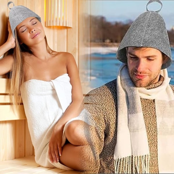 st sauna hatte, originaluld, komfortable og åndbare til sauna, 100% naturligt bastutilbehør i filt (grå og hvid)_RY