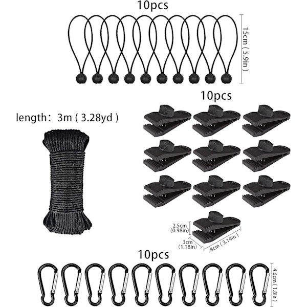 Tarp-klips, 31 stk Krokodillemunn Teltsklips Tarp-klips Med Stram Lås Elastisk Klemme Skruer Tarp-kuler Bungee-tau Teltet Bungee-tau Med Karabinkrok