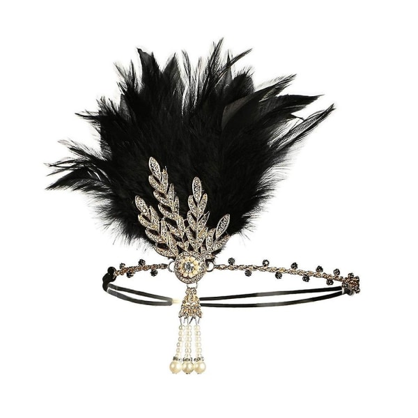 Art Deco Klaff Blad Bröllop Tiara Pearl Headpiece Pannband med fjädrar Svart Black