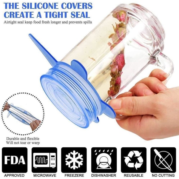 12 stycken silikonlock, BPA-fria silikonstretchlock, 6 olika storlekar universella lock för mikrovågsugn/ugn/kylskåp/diskmaskin