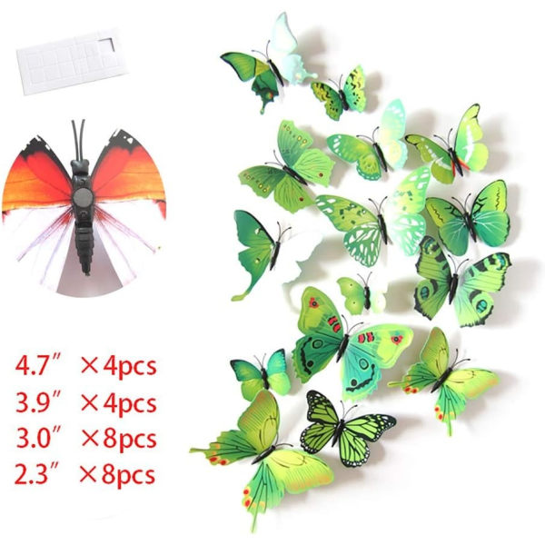 24 ST 3D Butterfly Väggdekal Avtagbara Kylskåpsmagneter Klistermärken Dekor för barnrum Dekoration Konst väggmålning Grön