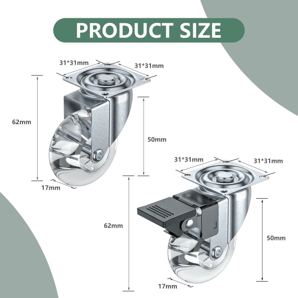 Swivel casters, Furniture casters, Heavy duty casters, Furniture wheel diameter: 50 mm, transparent, 2 with brakes + 2 without brakes