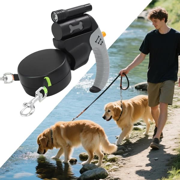 Infällbart dubbelt hundkoppel för två hundar, 360° trasselfritt med LED-ljus, reflekterande och avfallspåsedispenser för nattpromenader