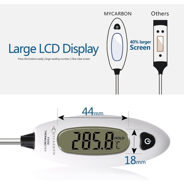 Langt Kjøkkentermometer Temperatursonde Digital Kjøkkentermometer Øyeblikkelig Avlesning 5 Sekunder LCD Stor Skjerm Kjøtt, Grill, Bakverk, Badevann