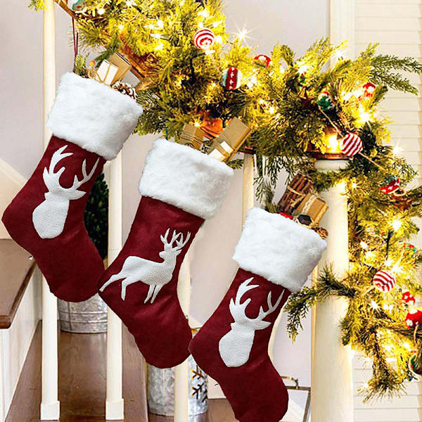 Julstrumpor, 4 st julstrumpor, säckväv med stora plyschmanschetter, för familjens semesterjulfestdekorationer