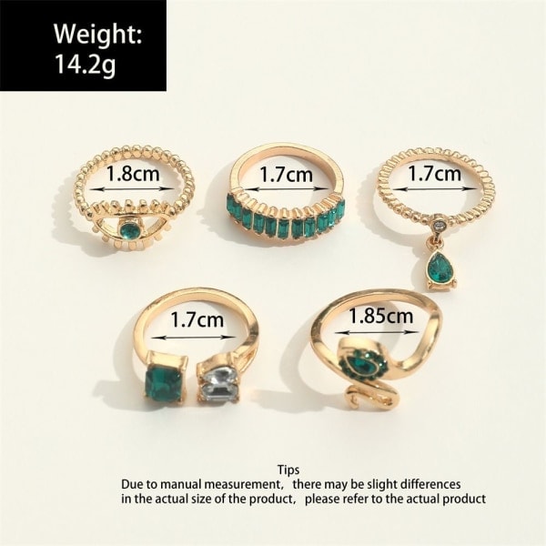 5 stk. Ringsæt Imitation Ædelsten Ring Knoring grøn_ryy