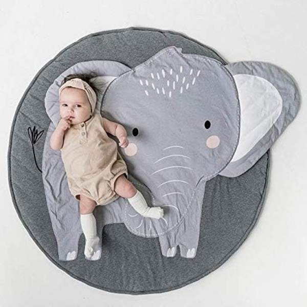 Rund Teppet med Tegneserieelefant for Barnerom, Gulvmatte, Krypematte, Spillteppe for Lekeromdekorasjon