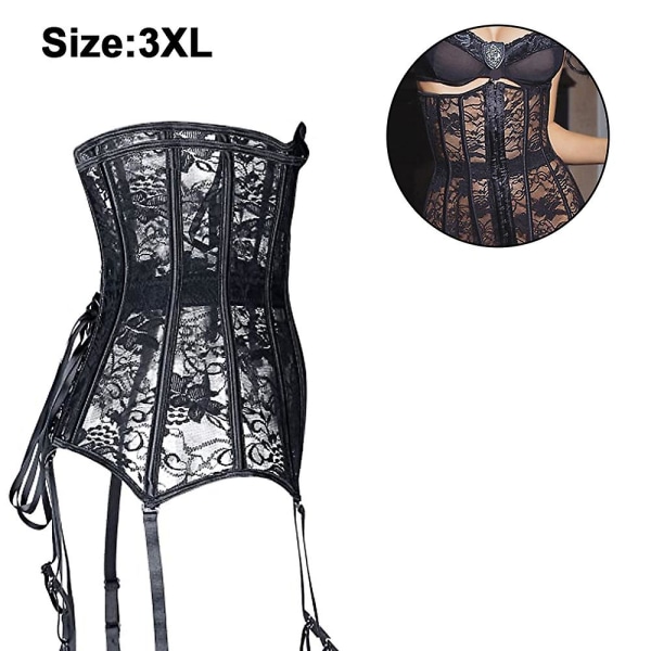 Mesh underbust korsett-topp gjennomsiktig fiskenett Brocade Sheer Bustier Midje Cincher-undertøy med strømpebånd3XL 3XL