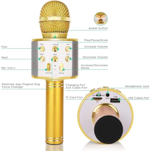 Trådlös Bluetooth Karaoke Mikrofon för Barn, 5-i-1 Bärbar Handhållen Karaoke Mikrofonhögtalare Spelare Recorder (Guld)