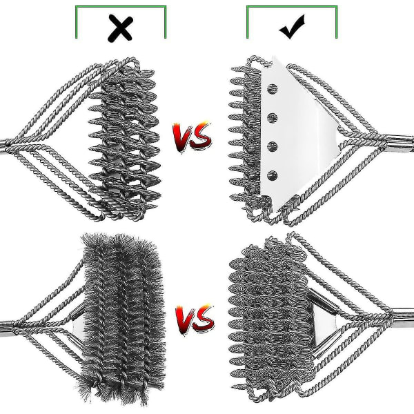 Grillbørste, Grillrenserbørste med skrape, tre rader med rustfrie stålbørster, langt plasthåndtak, ideelt for rengjøring av kull, elektrisk og