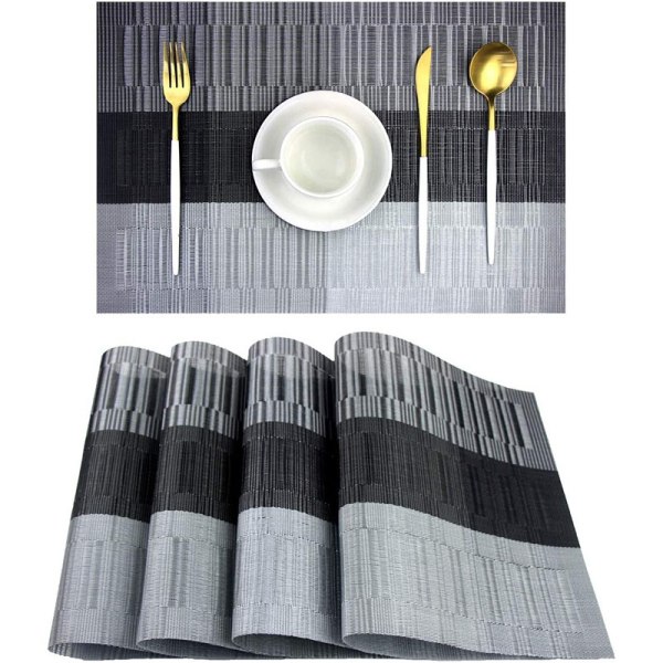 Dekkebrikker sett med 4, enkle å rengjøre Premium plastbordmatter for spisebord, kjøkkenbord (svart+grå)