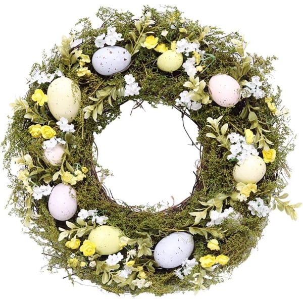 (Grønn) 15,7 tommers påskeeggkrans til påske, ferie, fest, veggdekorasjoner Vårrottingkrans med blandede blomster, grener og rosa egg.