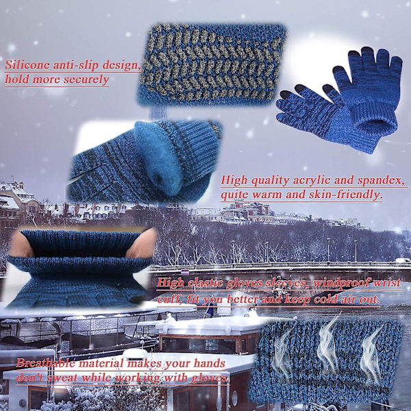 Vinterstickade Vantar, Pekskärm Varma Vantar, Varma Heläckande Fleece Vantar Sjöblå Lake Blue
