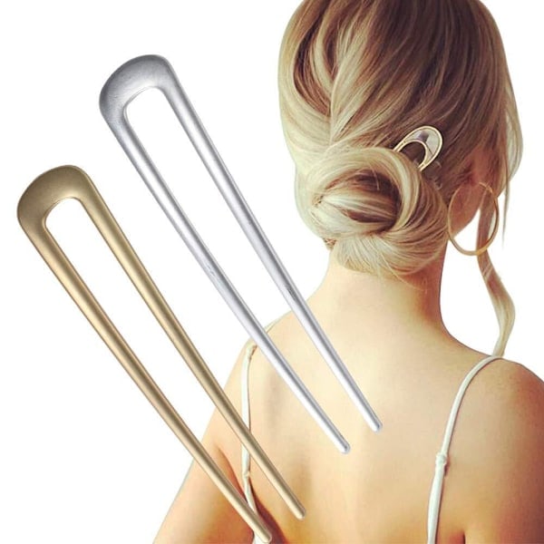 2 pcs Large French Hairpin, Metal U-Shaped 2 Pin Buns Hairpins for Women Girls, Gold, Silver