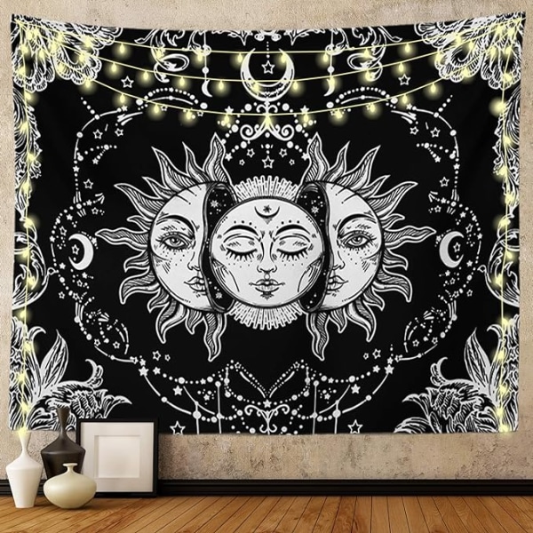 Sun and Moon Tapestry, Black and White Tapestries Mystic Burning Sun with Star Wall Hanging decor for Bedroom (59" W x 51" L)