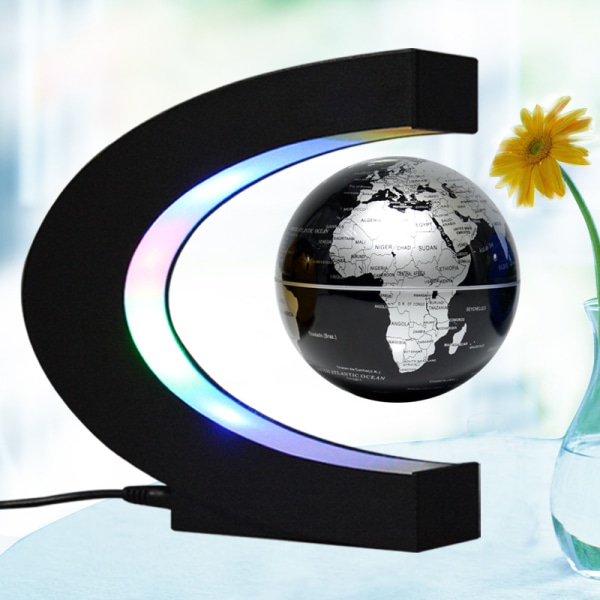 Flydende klode Verdenskort Kugle Planeten Jorden roterer med magnetisk levitation LED-skærm C-formet platformstativ - pædagogisk gave til børn, sort