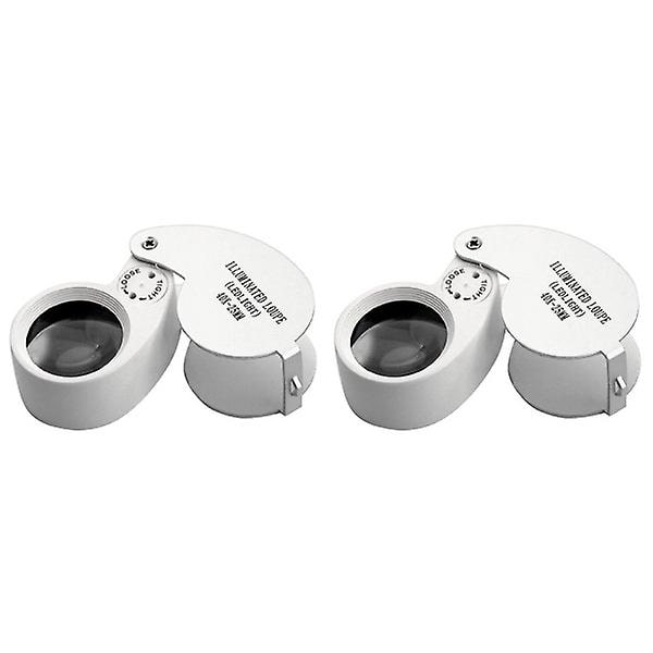 2 kpl Kannettava Taitettava 40x 25mm Metalli Valkoinen LED-Valoinen Luppi Korujen Suurennuslasi 2pcs