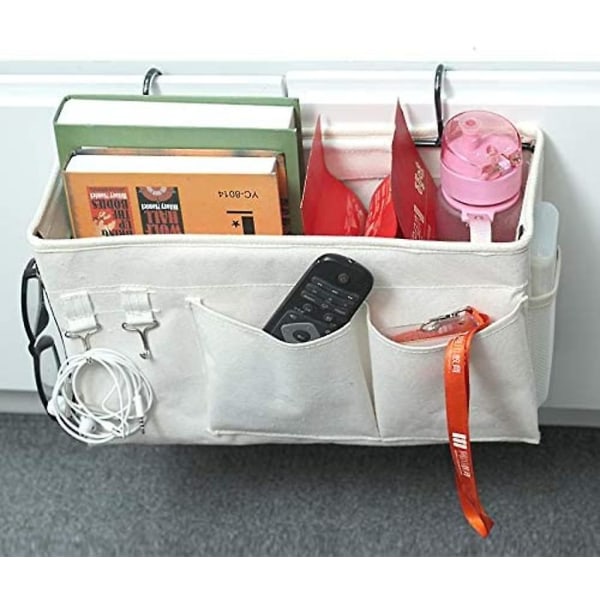 Organizer sänkylaukku lankakoukulla ripustettavalla pussilla Loft-sängyn säilytyslaukku kirjalle, aikakauslehdelle, matkapuhelimelle, kuulokkeille, sängyn säilytys (valkoinen)