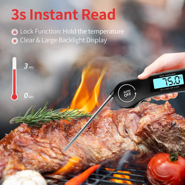 Meat Thermometer, Instant Read Cooking Thermometer, Digital Food Thermometer, Backlit Lcd Screen Foldable Long Probe And Auto On/off, Ideal For Kitche