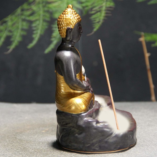 Golden Buddha Backflow Rökelse Rökelse Brännare Cascading Rökelsehållare Heminredning Staty Ornament Present