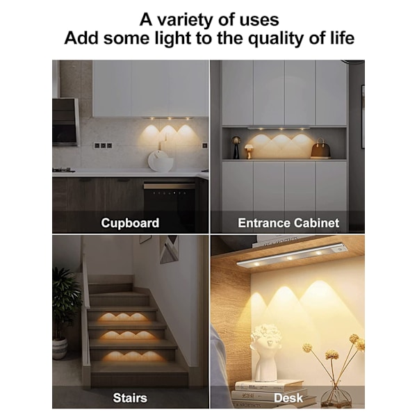 Under-skaplys LED Bevegelsessensor Innendørs, 3 Lysmoduser Trinnløs Dimming Hill Light, Lys for Skap Kjøkken Garderobe
