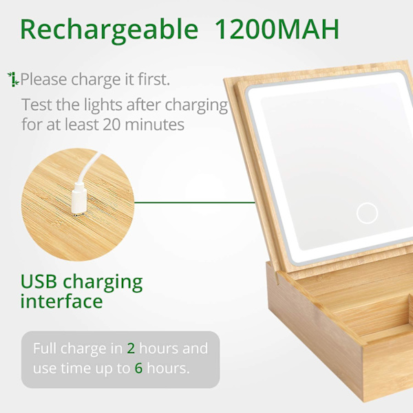 In 1 Bambus Spejl med Lys og Opbevaring - Bord Spejl med 3 Farvede Lys - Genopladelig Touch Screen Justerbart Oplyst Kosmetik Spejl