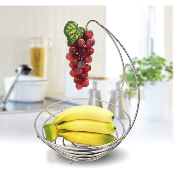 Silvermetallfruktkorg med hängkrok för bananer, fruktskål med displaykrok