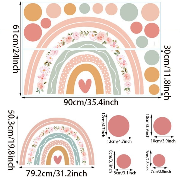 Regnbågsväggdekal Boho Polka Dot Väggdekal Rosa Blommor Väggdekal för Babyflickors Sovrum Barnkammare Hem Väggdekor