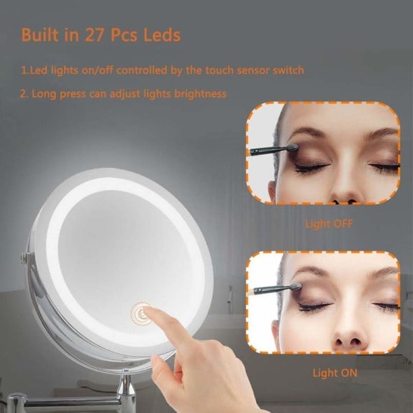 LED-belyst makeup-spejl - 10x forstørrelse, belyst vægmonteret badeværelsesspejl, dobbeltsidet fleksibel svanehals, 360° rotation med USB-kabel