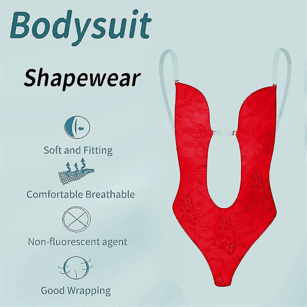 Kvinnors Spetskroppsshaper Plunging Deep V-ringning Osynlig Axelbandslös Rygglös Bodysuit ShapewearSRed S Red