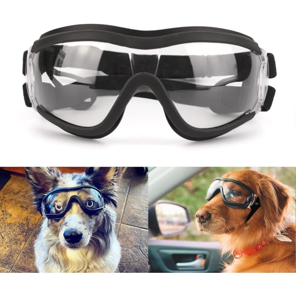 Hundesolbriller Middels til stor UV-transparente hundebriller Vindtette anti-støv snøtette kjæledyrbriller med elastiske stropper, klare