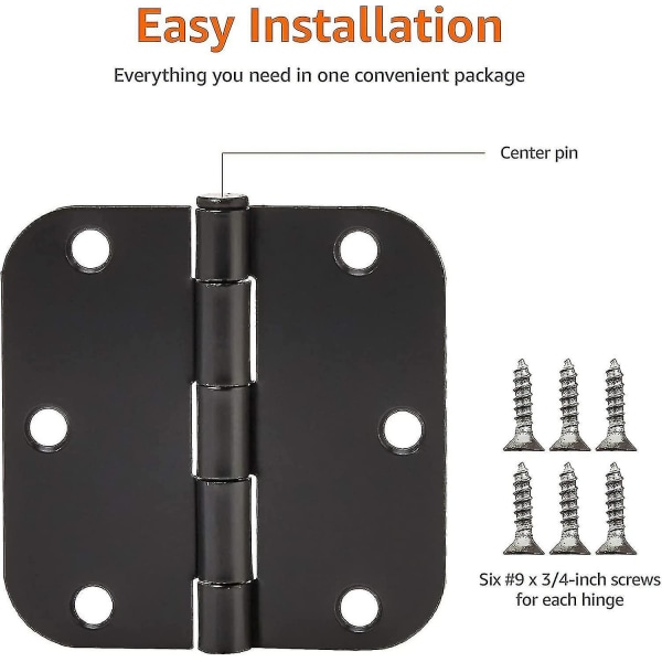 Rounded 3.5 Inch X 3.5 Inch Door Hinges, 18 Pack, Matte Black