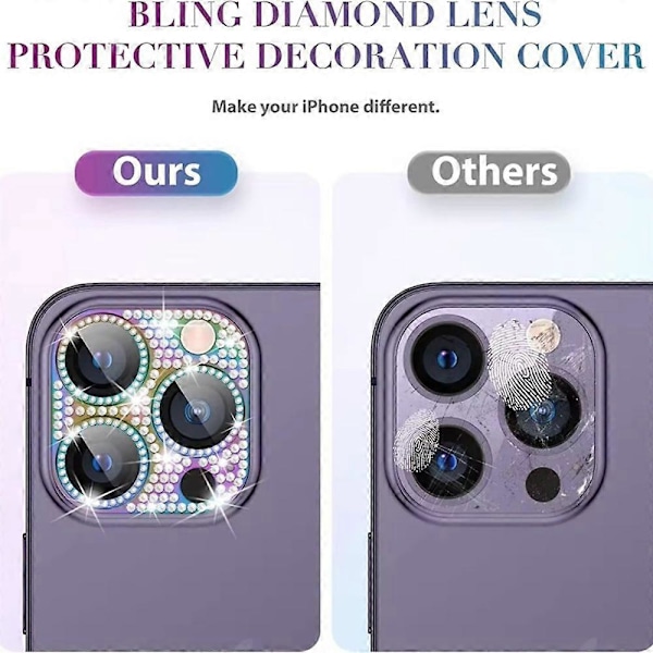 iPhone 14 Pro Max/14 Pro -kameran linssinsuojus karkaistua lasia metallikehyksellä ja strasseilla Multicolor Silver